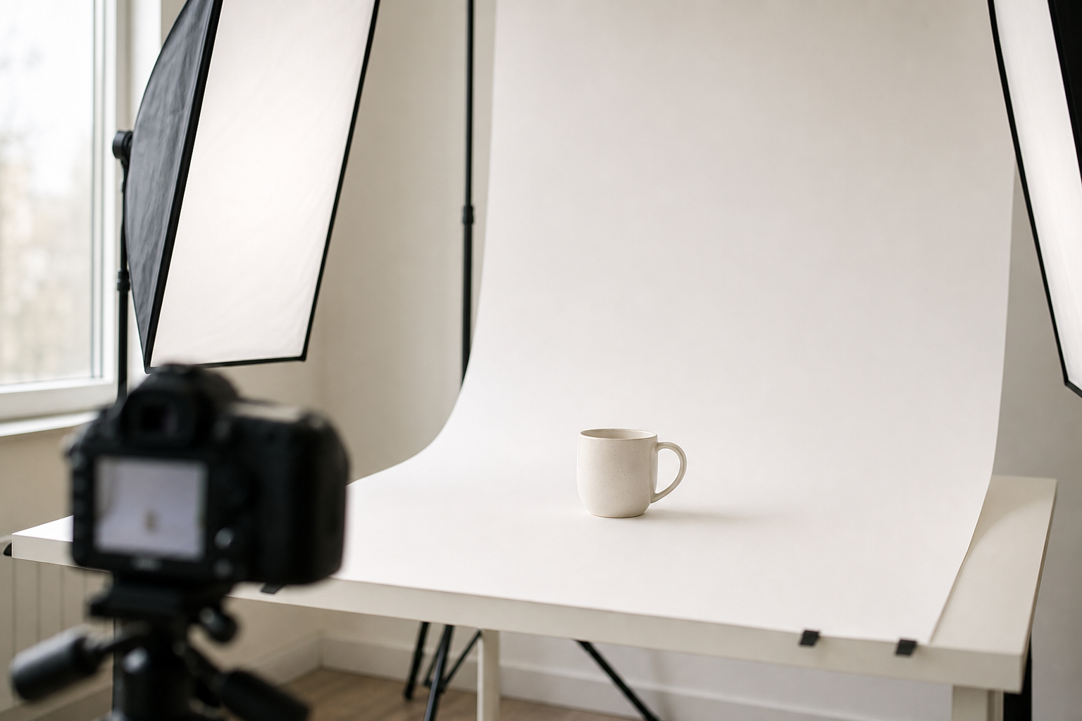 Productfotografie-opstelling met softboxen en witte achtergrond